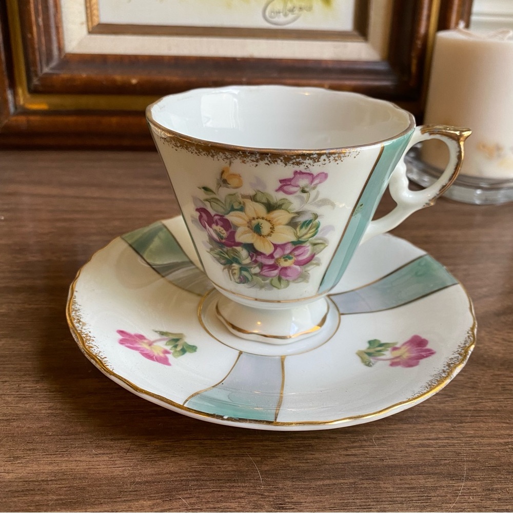 RH Japan 50s Japanese Lusterware Floral Teal Stripe Teacup and Saucer Set